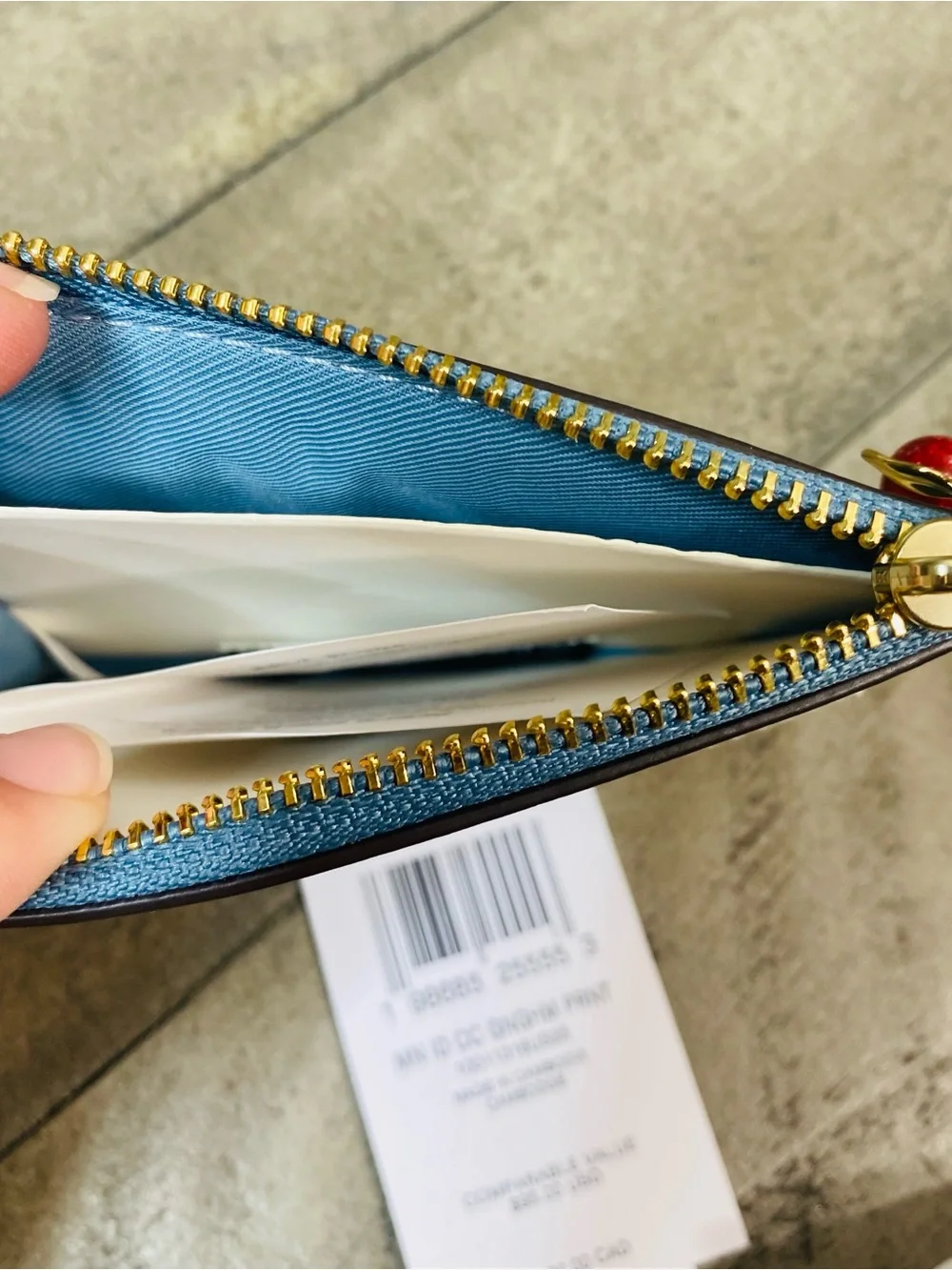 COACH Mini Skinny ID Case Gingham Blue White Card Holder Wallet Cherry Charm